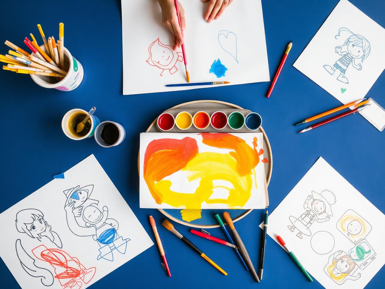 Art table with children's drawings